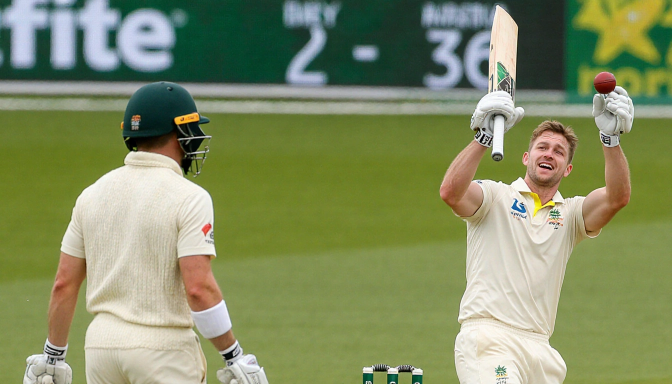 Marnus Head scores a century with a grin while Harry Brook holds the ball beside a scoreboard.