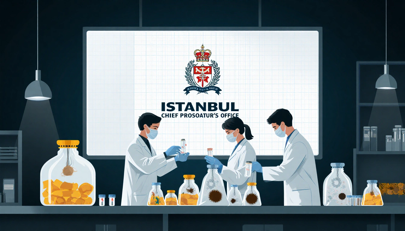 Forensic scientists examine evidence bags with narcotics and hair samples near an Istanbul Prosecutor's Office logo.