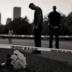 Suspect standing in handcuffs looking down with abandoned bouquet and police tape at Austin crime scene