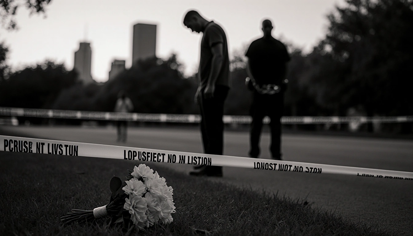 Suspect standing in handcuffs looking down with abandoned bouquet and police tape at Austin crime scene