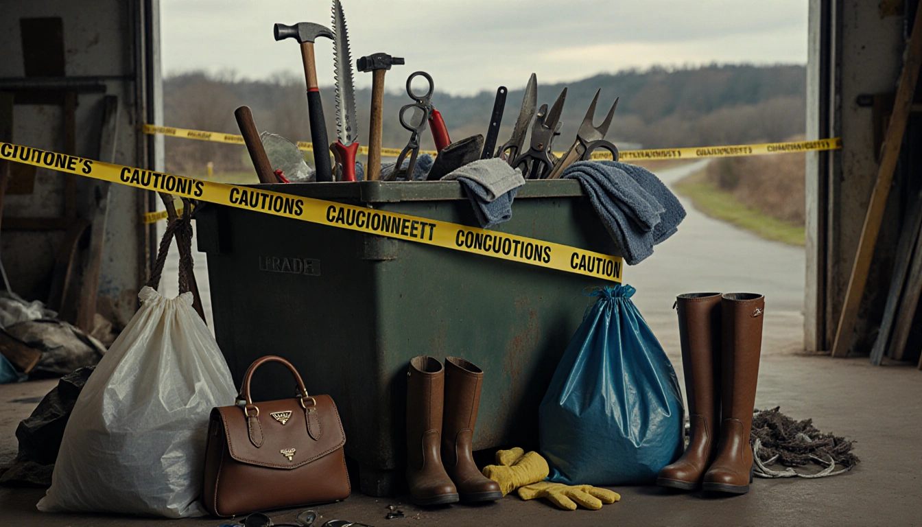Dumpster with caution tape holds items and forensic gloves and magnifying glass and a Prada purse and boots in foreground