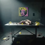Crime scene table displays dismembered body parts with forensic markers and a faint Warhol painting behind it