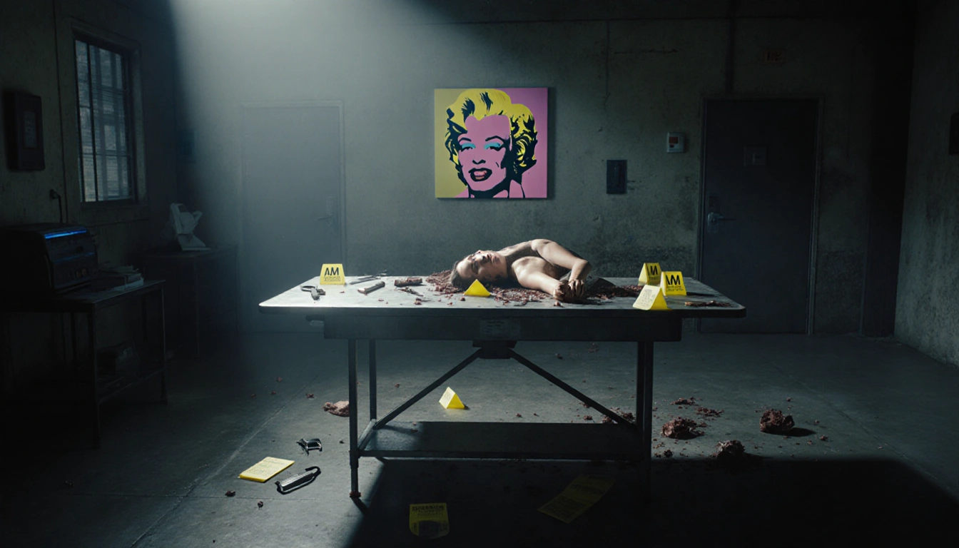 Crime scene table displays dismembered body parts with forensic markers and a faint Warhol painting behind it