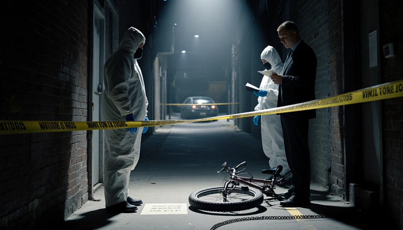Forensic experts collecting evidence with yellow tape cordoning the area and a spotlight on the victim's body