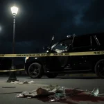 Police lights illuminate a blood‑stained sidewalk with broken glass and torn fabric near a black SUV door ajar.