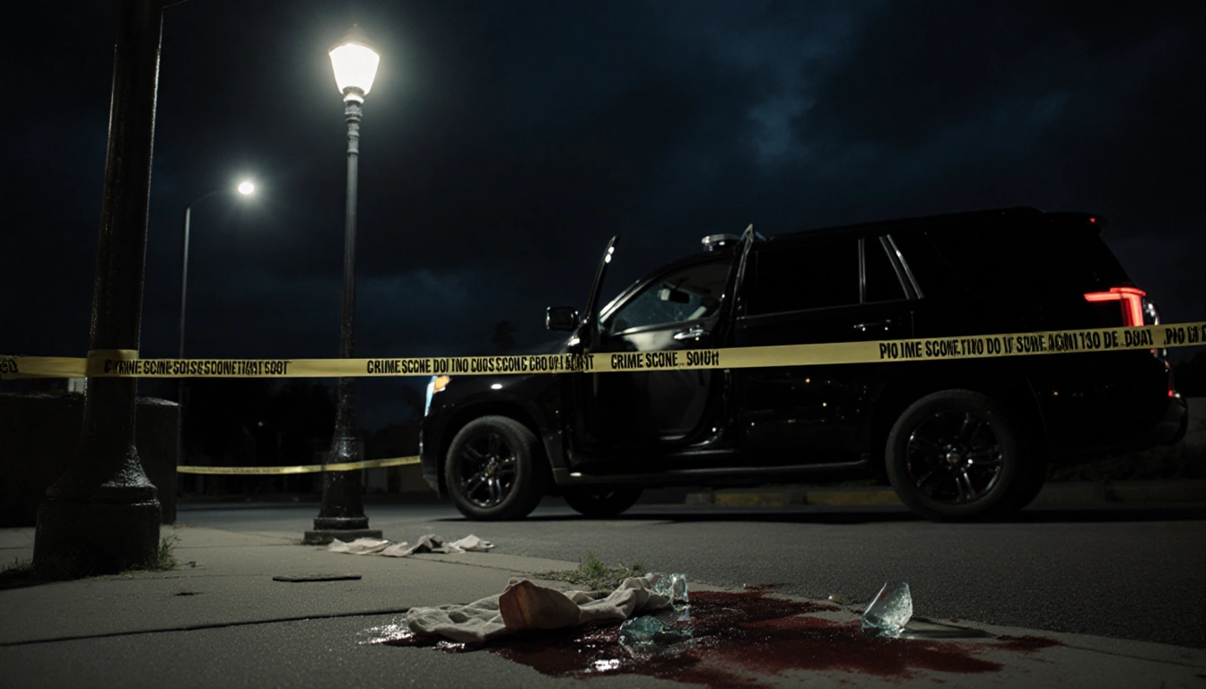 Police lights illuminate a blood‑stained sidewalk with broken glass and torn fabric near a black SUV door ajar.