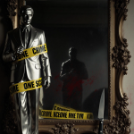 Crime scene tape wraps around a gleaming silver statue with a dim mirror reflecting a knife.