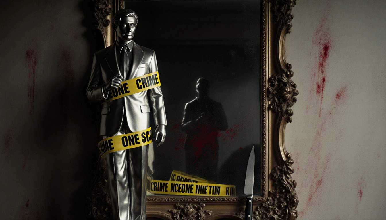 Crime scene tape wraps around a gleaming silver statue with a dim mirror reflecting a knife.