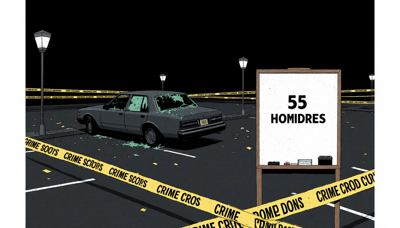 Crime scene tape surrounds a car in a parking lot with police lights and a whiteboard showing 55 homicides and forensic gear.