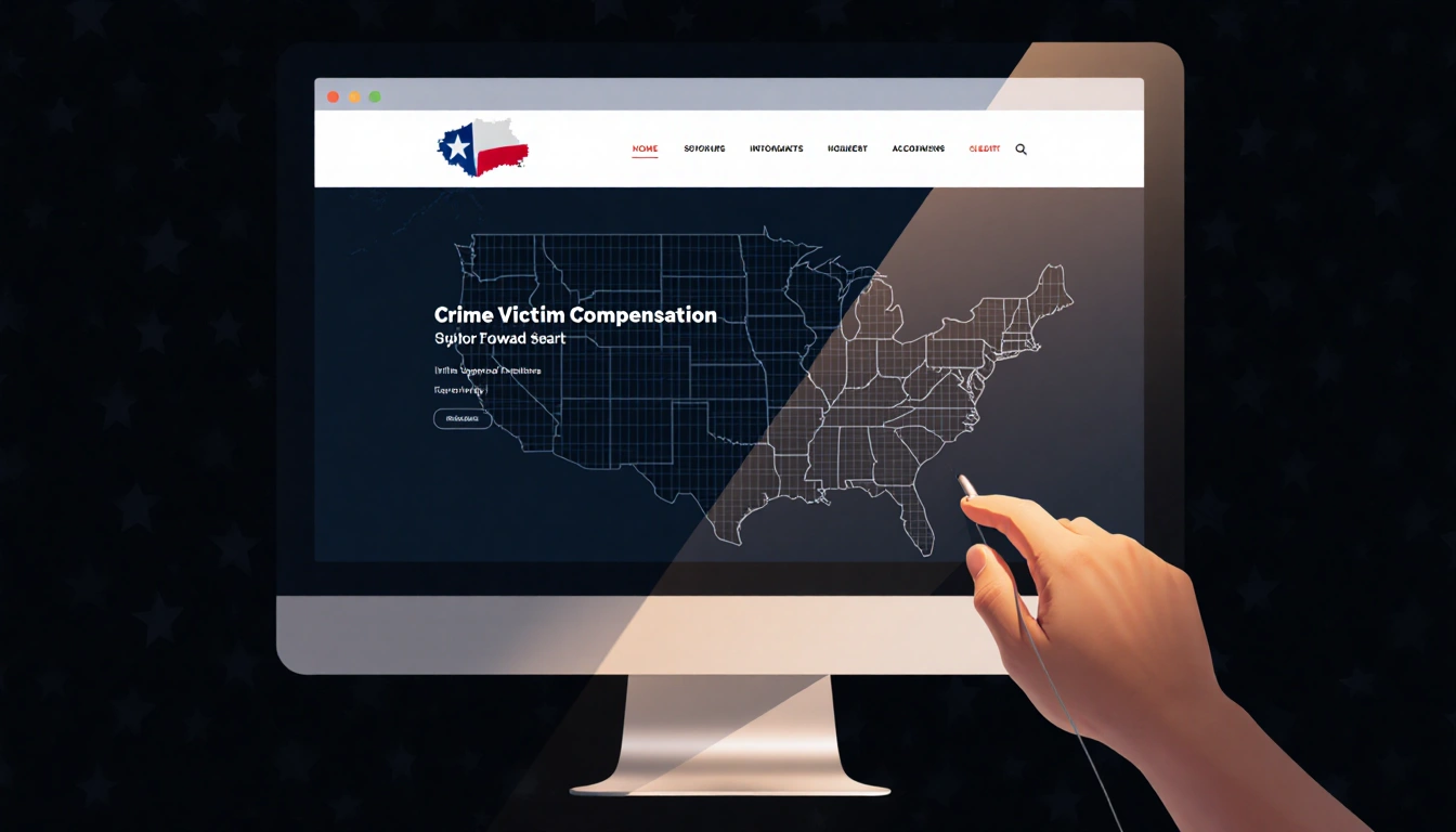 Hands hover mouse cursor on computer screen showing crime victim compensation website with glow and Texas map background
