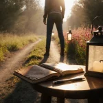 Person standing at a crossroads with a worn leather journal on a wooden stool and a bright flower-lined path beside them