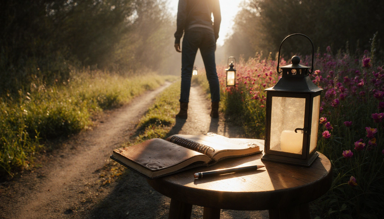 Person standing at a crossroads with a worn leather journal on a wooden stool and a bright flower-lined path beside them