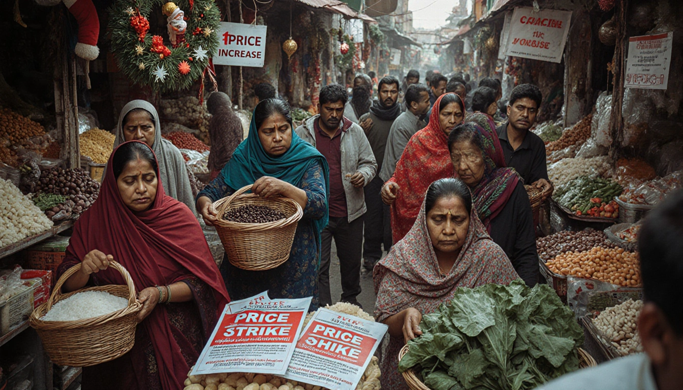 Women frantically shop for rice and beans and vegetables in market with price increase sign behind and transport strike notic