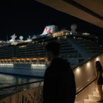 Teen stands motionless on dimly lit and deserted cruise ship staircase at night with distant silhouette.