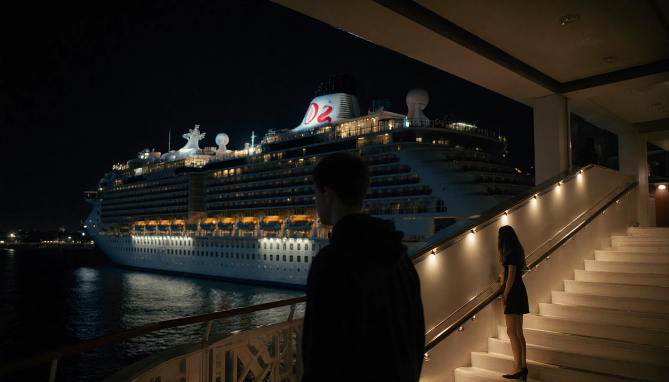 Teen stands motionless on dimly lit and deserted cruise ship staircase at night with distant silhouette.