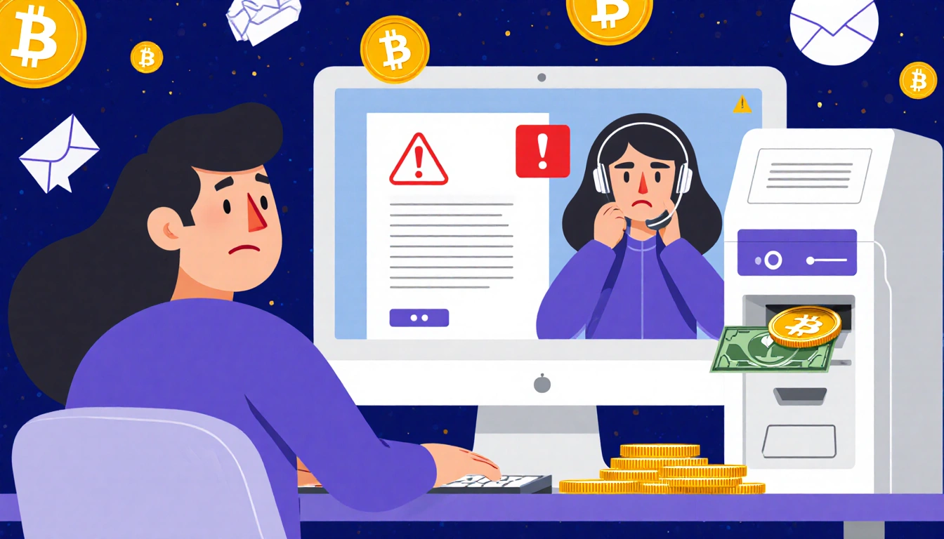 Person at computer showing worried warning with red flag and inserting cash into cryptocurrency ATM