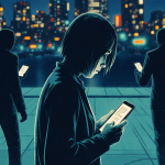 Victim looking worried holding phone with neon city backdrop showing shadowy crypto scammers walking away