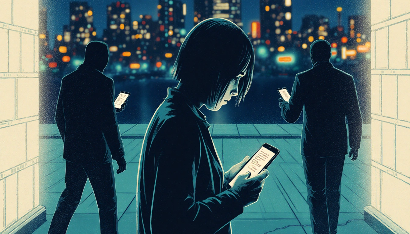Victim looking worried holding phone with neon city backdrop showing shadowy crypto scammers walking away
