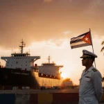 Cuban worker holds flag with massive tanker ship and warm sunset glow.