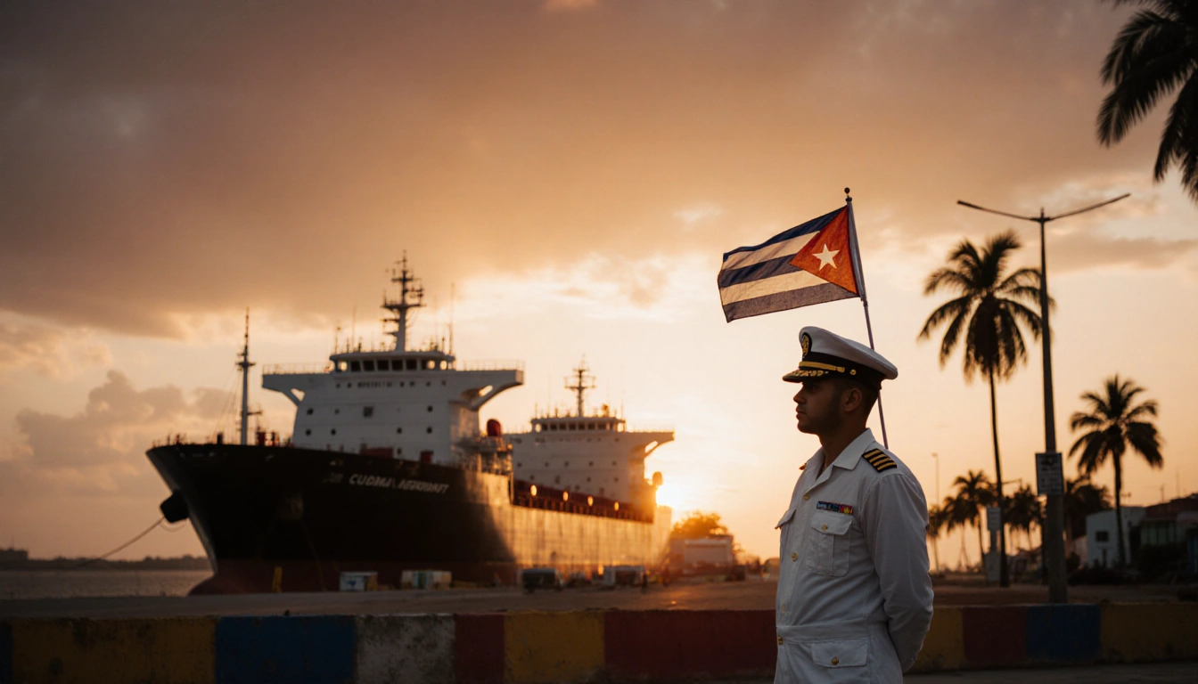 Cuban worker holds flag with massive tanker ship and warm sunset glow.
