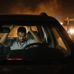 Cuban immigrant raising hands in surrender behind rearview mirror with windshield and ICE agent.