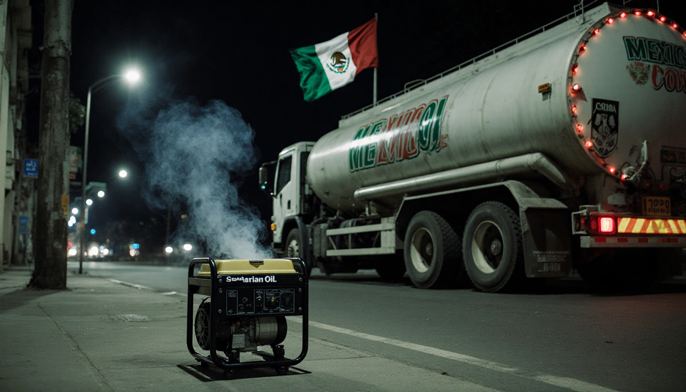 Generator emitting smoke with flickering lights and a massive oil tanker under a waving Mexican flag.