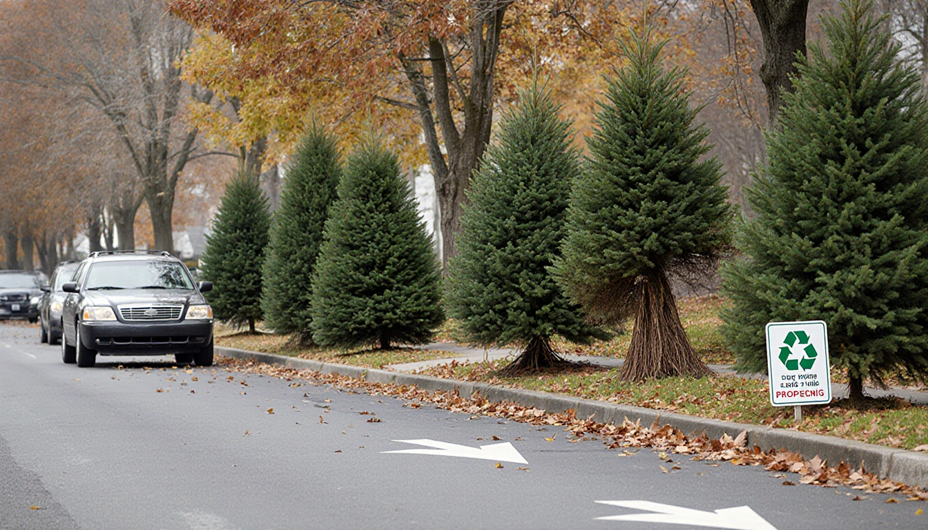Half cut Christmas trees displayed on curb with arrows marking drop off and autumn leaves background