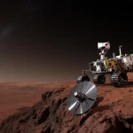 Curiosity rover standing with a broken antenna on the ground and rust‑red Martian ridge under a dark sky