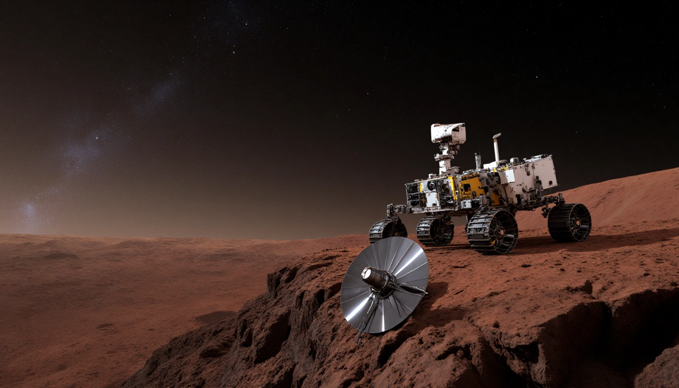 Curiosity rover standing with a broken antenna on the ground and rust‑red Martian ridge under a dark sky