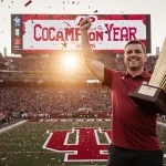 Curt Cignetti raises championship trophy with AP Coach of the Year banner in sunset Indiana stadium lights