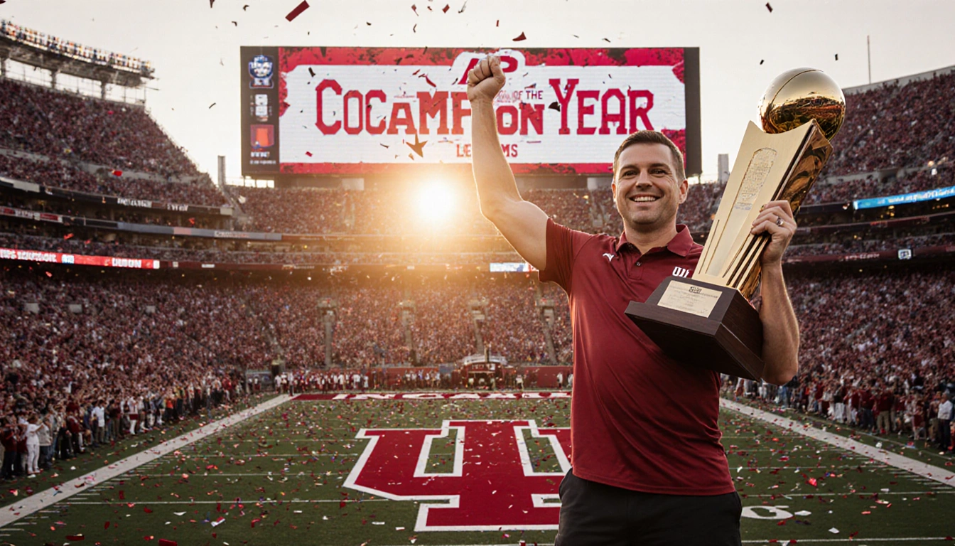 Curt Cignetti raises championship trophy with AP Coach of the Year banner in sunset Indiana stadium lights