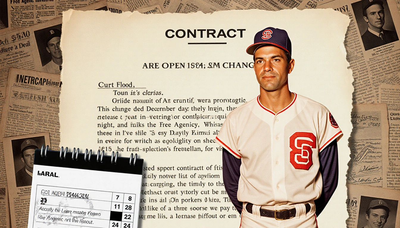 Curt Flood standing before an open torn contract with Dec 1974 on a calendar and newspaper clippings in background lawsuit