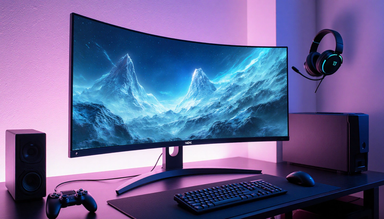 Curved gaming monitor glows with ultrawide display and headset and controller near the desk