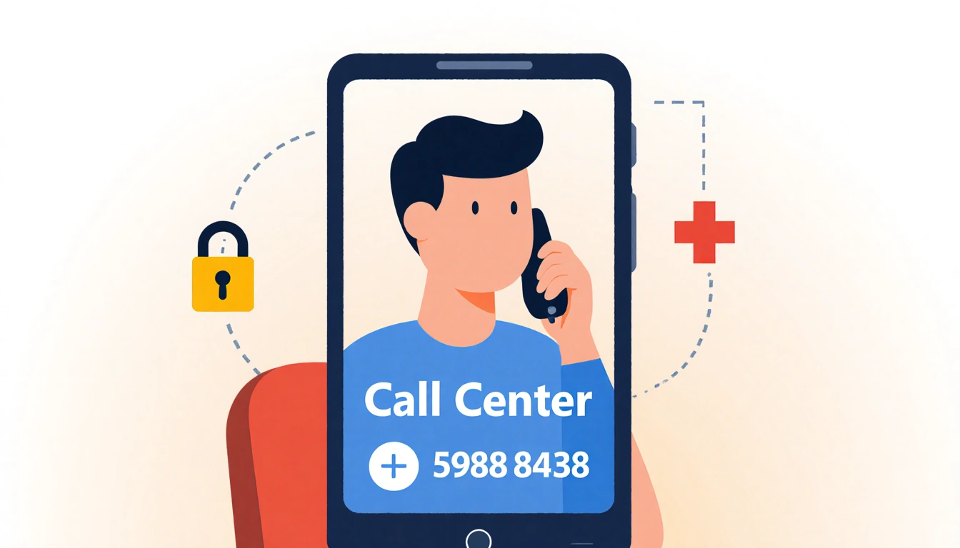 Customer speaking on phone with call center number and lock and first aid icons for protection near screen