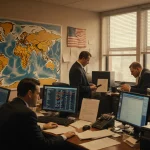 Broker standing at desk looking up trade map with customs agents around and a phone screen in background
