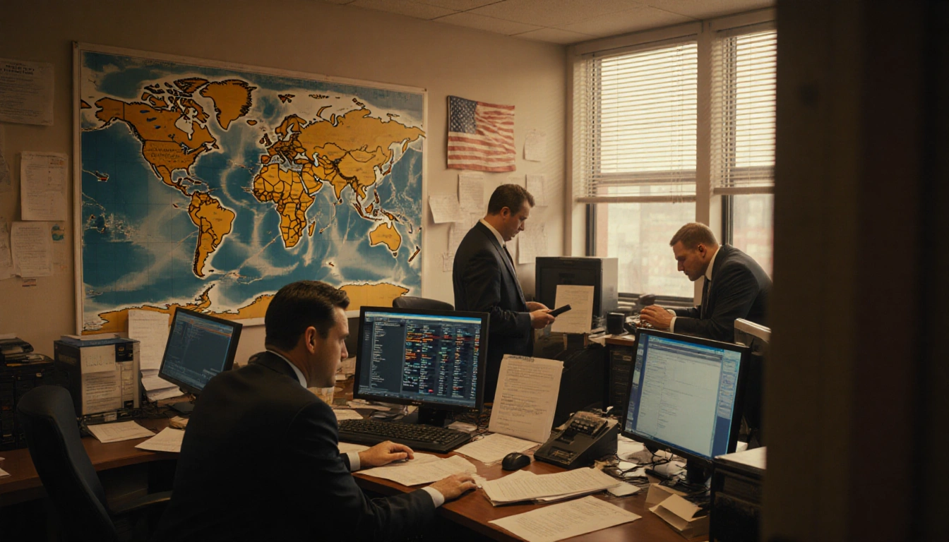 Broker standing at desk looking up trade map with customs agents around and a phone screen in background