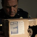 Customs officer inspecting worn luggage with faint animal shadow and warm glow behind blurred flag