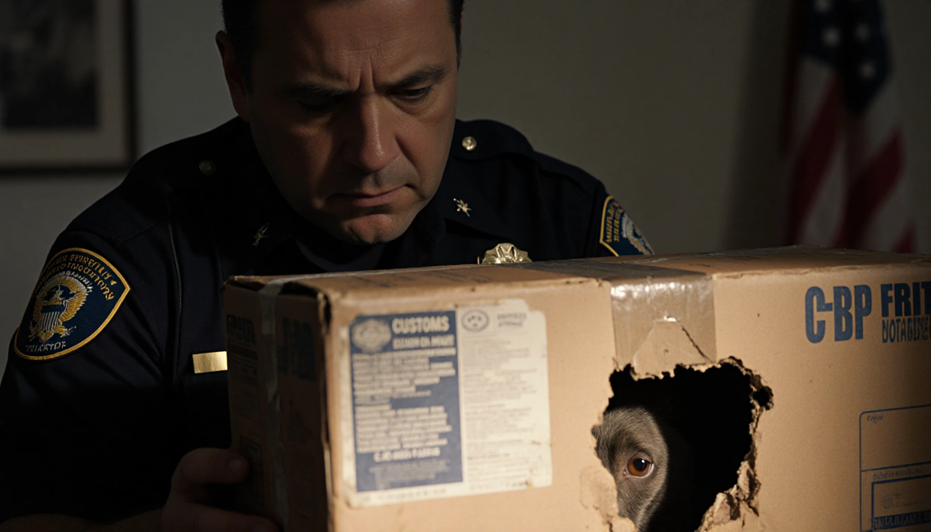 Customs officer inspecting worn luggage with faint animal shadow and warm glow behind blurred flag
