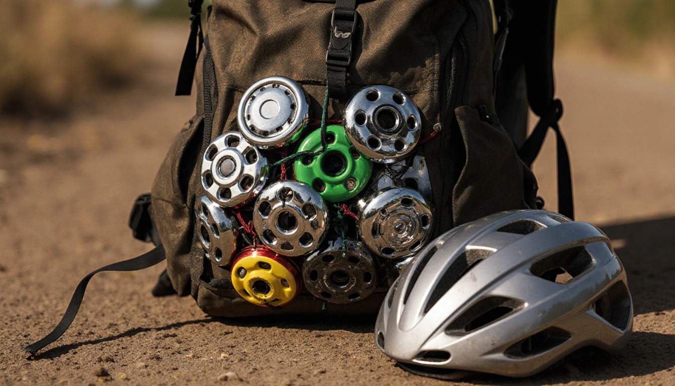 Cyclist backpack with colorful hubcaps and a gleaming hubcap on ground