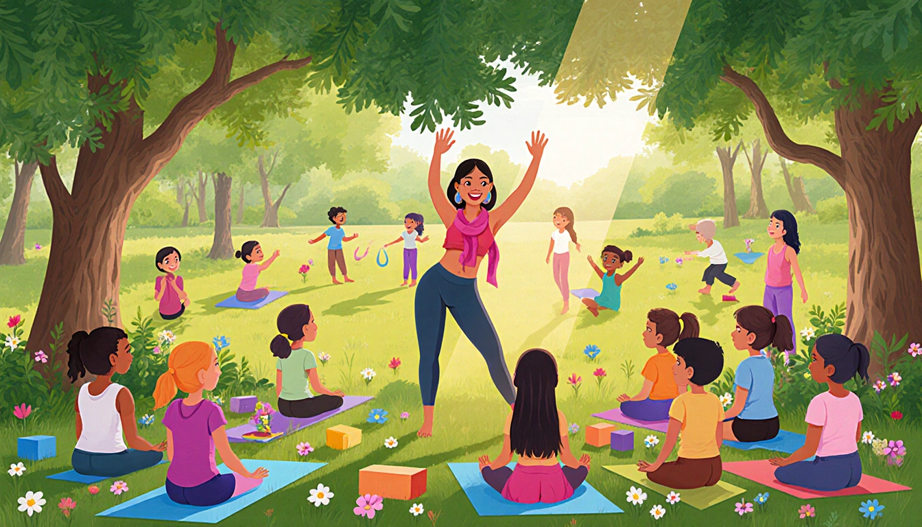 Yoga instructor Cynthia Aguillón Bernard leading a yoga class with colorful scarves in a park where children play