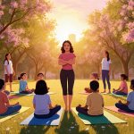 Cynthia Aguillón Bernard guiding a yoga circle with children and adults at sunset in Austin park