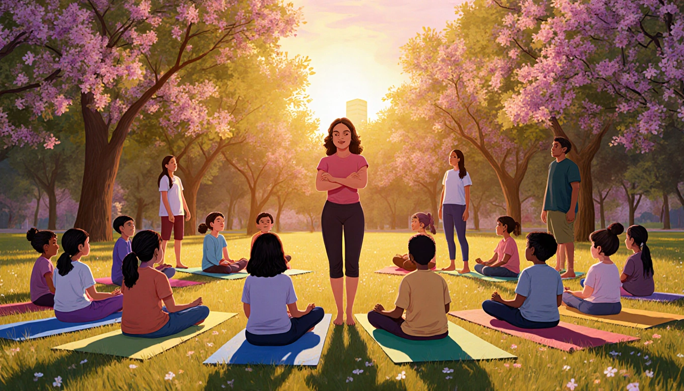 Cynthia Aguillón Bernard guiding a yoga circle with children and adults at sunset in Austin park