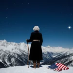 Silhouette of a senator standing on a Wyoming mountain ridge with a wooden walking stick and a crumpled American flag beneath