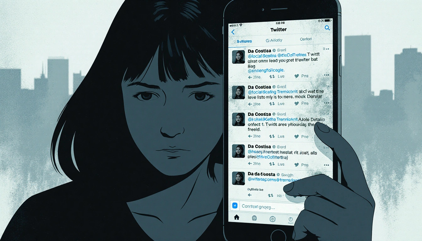 Da Costa looking remorseful at smartphone screen showing faded tweets with blurred cityscape background