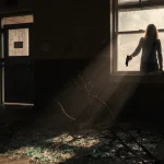 Lone figure stands at school window with handgun and shattered glass and broken branches below.