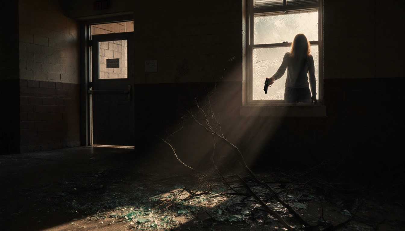 Lone figure stands at school window with handgun and shattered glass and broken branches below.