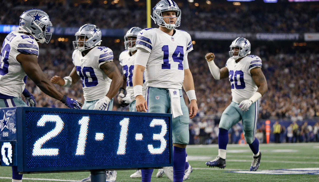 Dallas Cowboys quarterback Dak Prescott standing on gridiron with teammates touchdown and 21-3 scoreboard in background