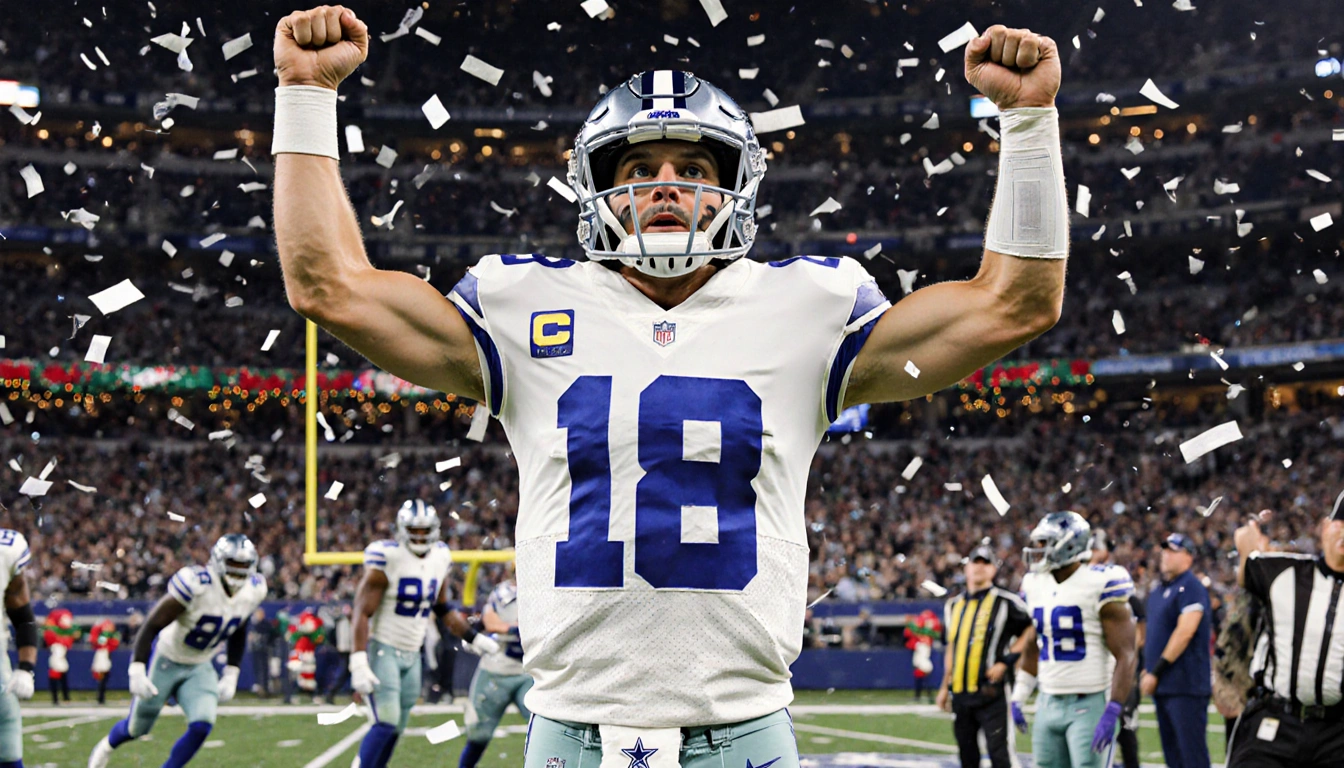 Dak Prescott raising arms with confetti and teammates cheering under Christmas lights