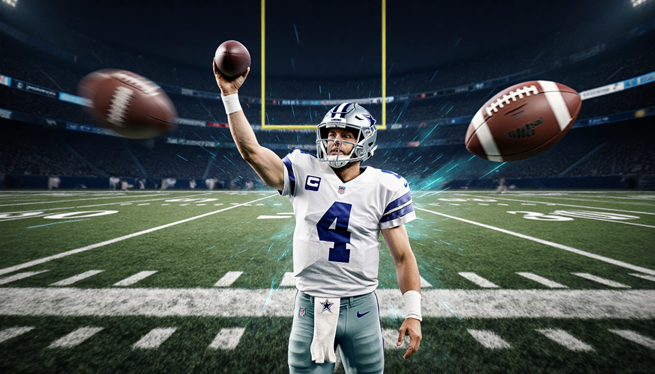 Dak Prescott celebrating a touchdown throw holding the ball with Dallas Cowboys field backdrop and footballs flying