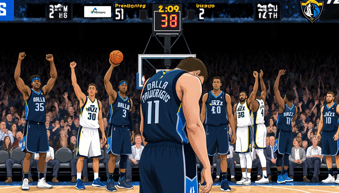 Cooper Flagg standing alone looking dejected with basketball scoreboard showing overtime loss and Jazz celebrating background